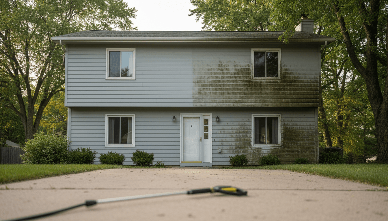 House with a clean side and a dirty side showing the difference a wash makes