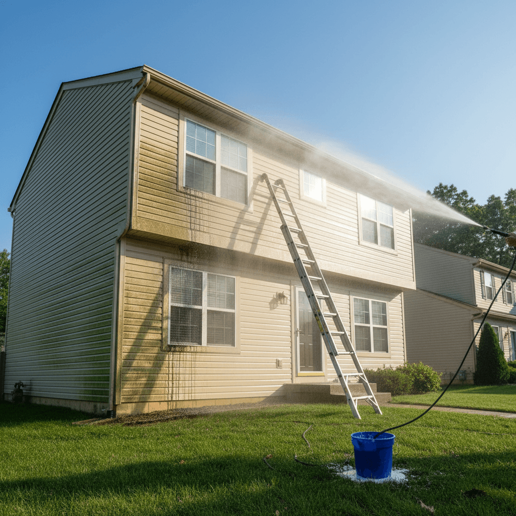 House washing in progress on a two-story home with siding