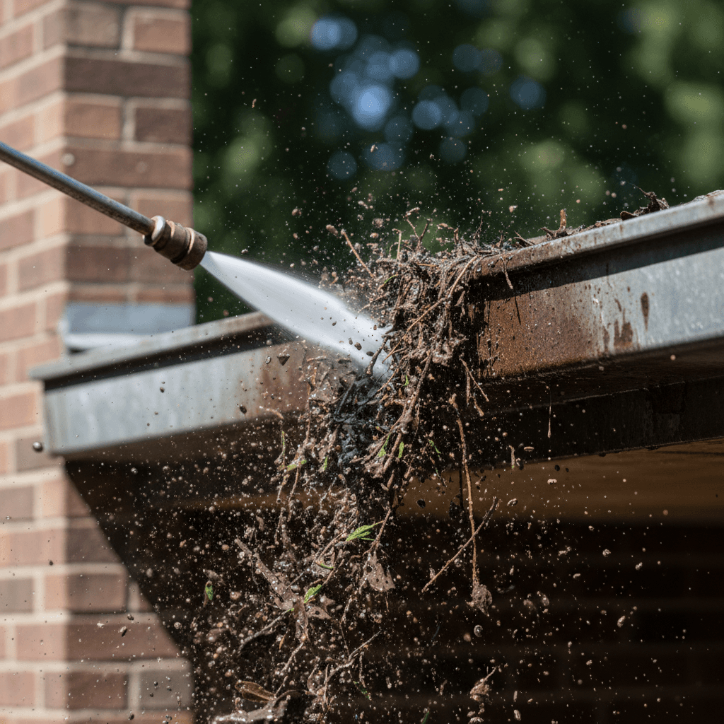 Gutter cleaning with a pressure washer nozzle