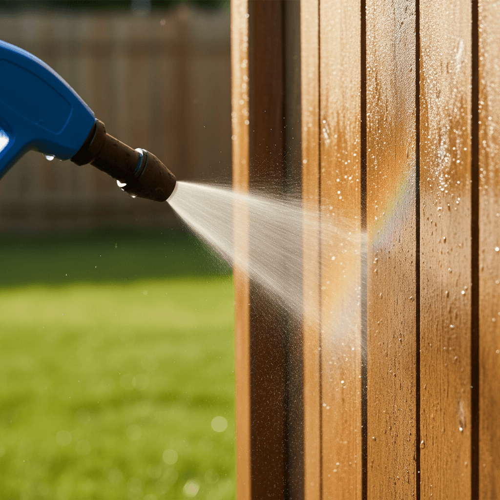Close-up of water spray hitting a wood fence