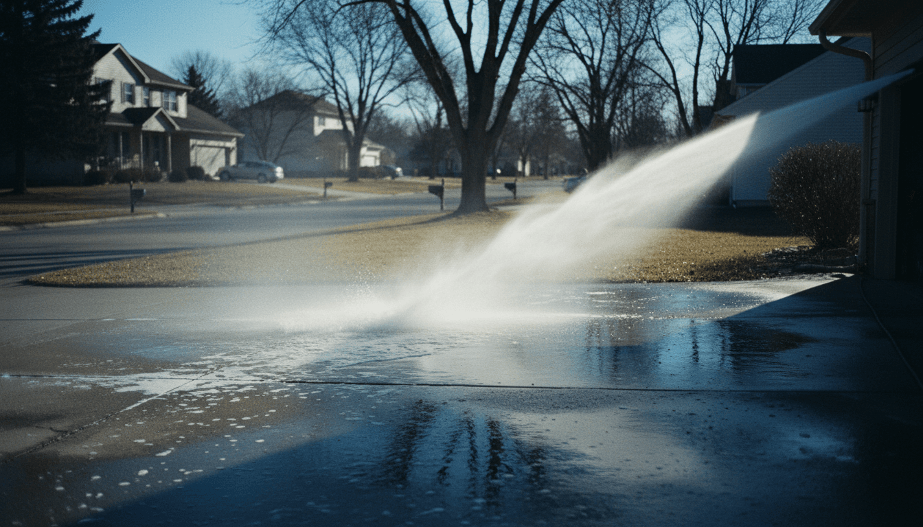 Pressure washer spraying water across a residential driveway on a sunny morning