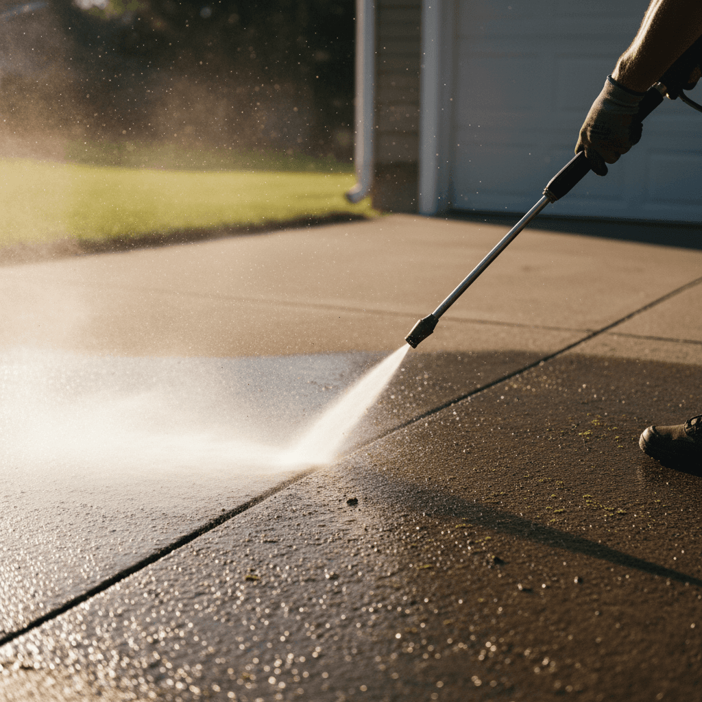 Pressure washing a concrete driveway with a strong stream of water
