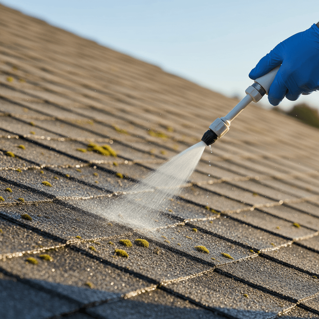Roof soft wash cleaning in progress