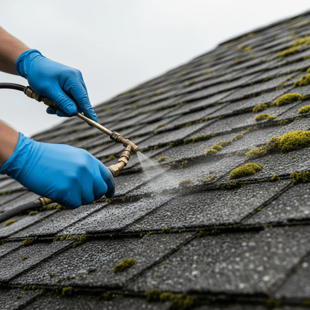 Roof soft washing application showing foam lingering on dark shingles with moss patches nearby.