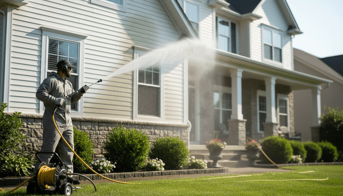 Pressure washer spraying water across a house exterior in a suburban backyard on a sunny morning
