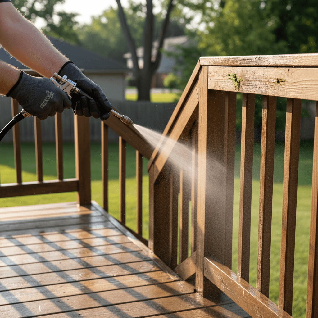 Team pressure washing a wood deck, showing the clean versus dirty half contrast.