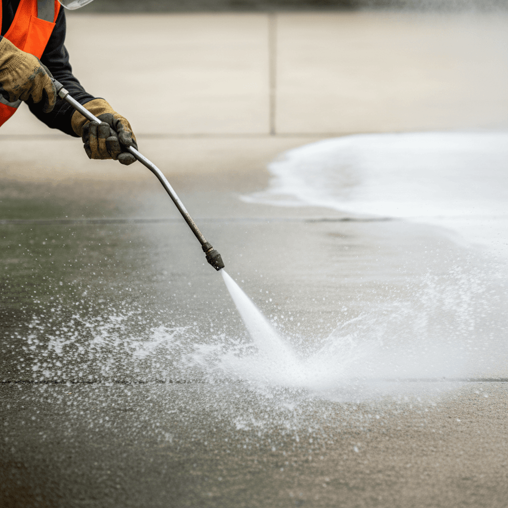 Driveway pressure washing detail shot showing clean line between washed and dirty concrete.
