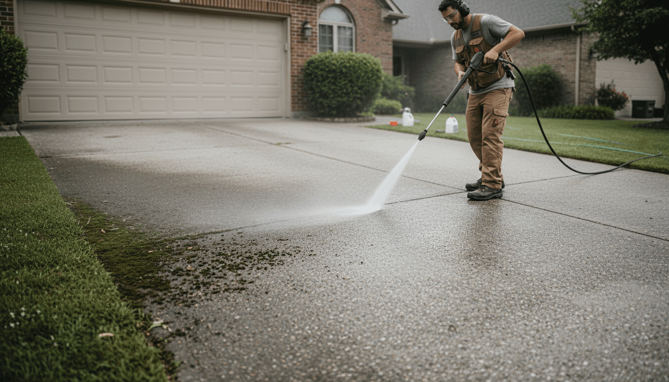 Two men standing on a driveway, one holding a pressure washing wand
