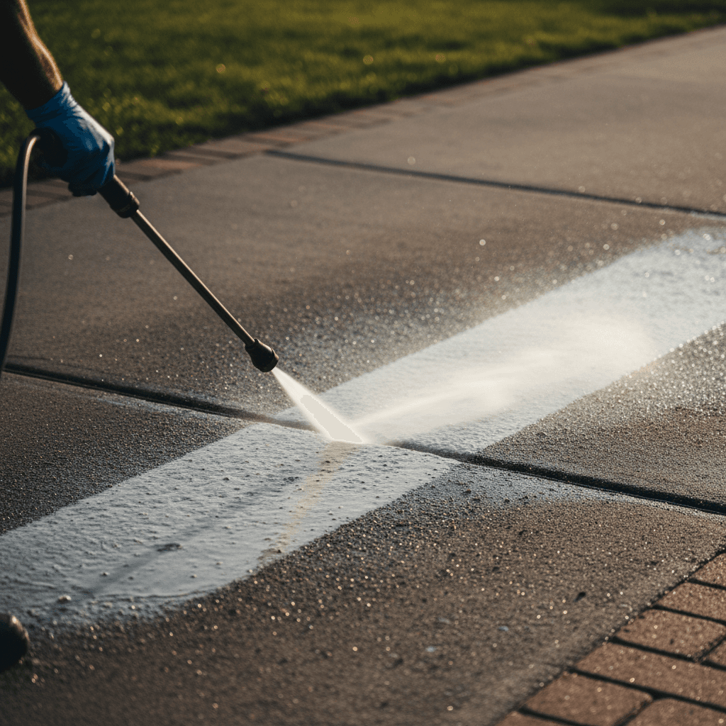 Driveway before and after pressure washing