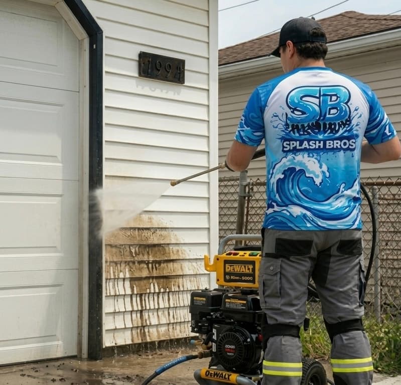Man in a Splash Bros shirt power washing dirty white siding using a DeWalt washer.